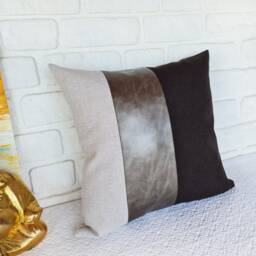 Linen & Faux Leather Pillow Cover Dark Brown, Gray Accent - 16x16'' - thumbnail 2