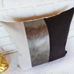 Linen & Faux Leather Pillow Cover Dark Brown, Gray Accent - 16x16'' - thumbnail 3