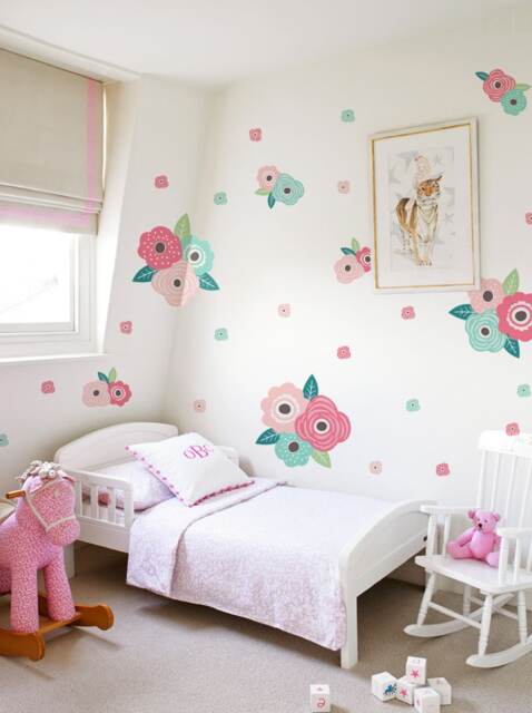 Flower Wall Stickers Pink & Mint Blooms, Kids Room Decor - image 1
