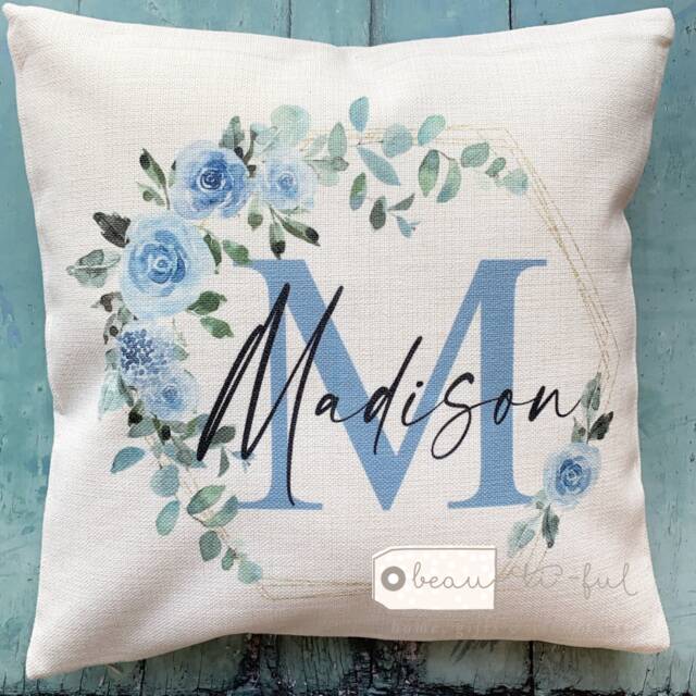 Personalised Name & Initial Blue Floral Frame Design Home Quote Linen Style Cushion Decor Cover