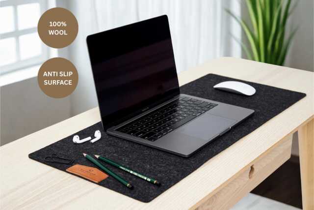 Merino Wool Felt Desk Mat, Anti Slip Pad, Mouse Keyboard Extra Large Gray Home Office Accessory - image 1