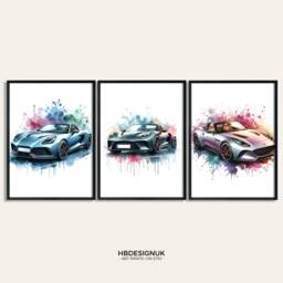 Classic Sports Car Wall Art Set - Of 3 Posters - Watercolour Print Boys Room Decor Bedroom Gifts Sport Poster - thumbnail 1