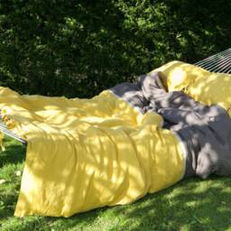 Mustard & Gray Linen Bedding Set Stone Washed Duvet Cover + 2 Pillowcases - thumbnail 3