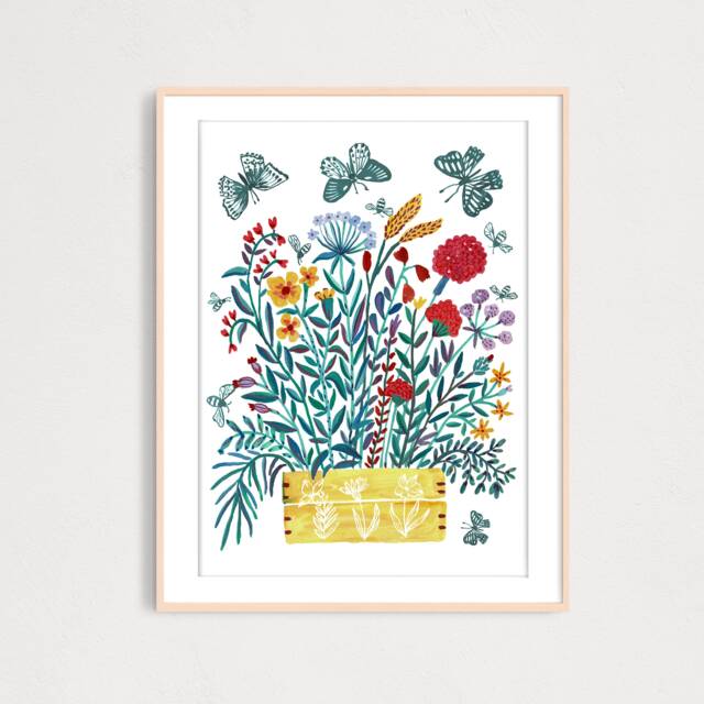 Wildflowers Bouquet With Butterflies Gouache Illustration Art Print, Gift For Mother, Botanical Wall Art, Spring Nature Bloom - image 1