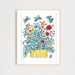 Wildflowers Bouquet With Butterflies Gouache Illustration Art Print, Gift For Mother, Botanical Wall Art, Spring Nature Bloom - thumbnail 1