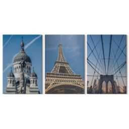 Set Of 3 Canvas Prints - Views Famous Buildings From Various Cities Around The World, Blue Large Wall Art, Travels Decor - thumbnail 1