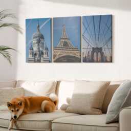 Set Of 3 Canvas Prints - Views Famous Buildings From Various Cities Around The World, Blue Large Wall Art, Travels Decor - thumbnail 3