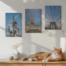 Set Of 3 Canvas Prints - Views Famous Buildings From Various Cities Around The World, Blue Large Wall Art, Travels Decor - thumbnail 2