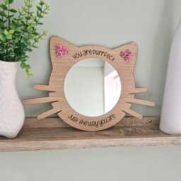 Cat Mirror Oak Veneer, Pink Rose Ears, Kids Affirmation Decor, Girls Bedroom Mirror - thumbnail 2