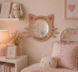 Cat Mirror Oak Veneer, Pink Rose Ears, Kids Affirmation Decor, Girls Bedroom Mirror - thumbnail 1
