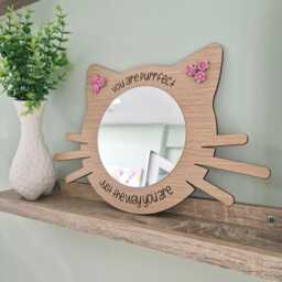 Cat Mirror Oak Veneer, Pink Rose Ears, Kids Affirmation Decor, Girls Bedroom Mirror - thumbnail 3
