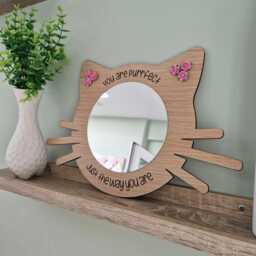 Cat Mirror Oak Veneer, Pink Rose Ears, Kids Affirmation Decor, Girls Bedroom Mirror - thumbnail 4
