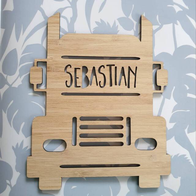 Truck Personalised Wooden Bamboo Door-Wall Hanging-Design-Wall Art-Wooden Sign-Custom-Kids Gift-Baby Gift-Lasercut-Plaque - image 1