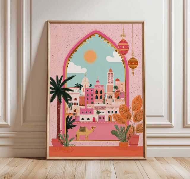 Marrakech City Poster, Moroccan Architecture Wall Art, Boho Travel Print, Desert Sunset Illustration, Exotic Home Decor Poster - image 1