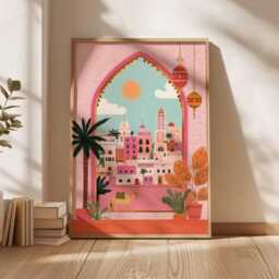 Marrakech City Poster, Moroccan Architecture Wall Art, Boho Travel Print, Desert Sunset Illustration, Exotic Home Decor Poster - thumbnail 3