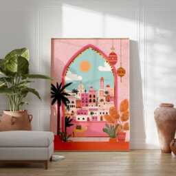 Marrakech City Poster, Moroccan Architecture Wall Art, Boho Travel Print, Desert Sunset Illustration, Exotic Home Decor Poster - thumbnail 2