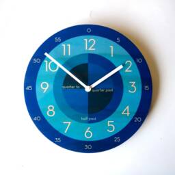 Time Teacher Wooden Wall Clock Mid Century Modern Blue Silent Clock - thumbnail 1