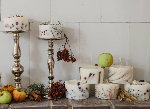 Set Of 7 Different Natural Wax Candles - Scented With Essential Oils Handmade Decorated Plants - image 1