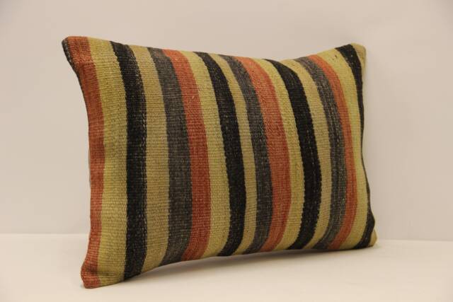 Vintage Kilim Lumbar Pillow Cover, 100% Wool Boho Cushion - 14x20 In - image 1