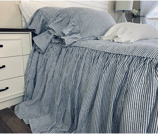 Denim Navy & White Striped Linen Bedspread, Dyed Natural Ruffle Bed Cover - image 1