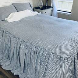 Denim Navy & White Striped Linen Bedspread, Dyed Natural Ruffle Bed Cover - thumbnail 2