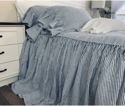Denim Navy & White Striped Linen Bedspread, Dyed Natural Ruffle Bed Cover - thumbnail 1