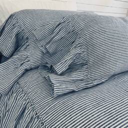 Denim Navy & White Striped Linen Bedspread, Dyed Natural Ruffle Bed Cover - thumbnail 4