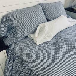 Denim Navy & White Striped Linen Bedspread, Dyed Natural Ruffle Bed Cover - thumbnail 3