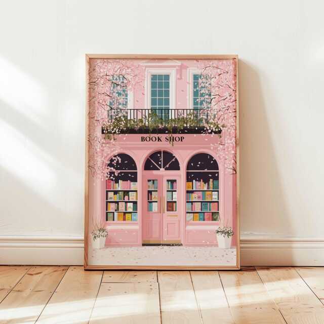 Pink Bookshop Poster Print, Cute Bookstore Wall Art, Spring Cherry Blossom Illustration, Cozy Reading Room Decor, Digital Art Print
