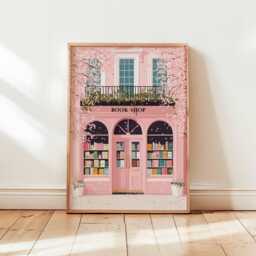 Pink Bookshop Poster Print, Cute Bookstore Wall Art, Spring Cherry Blossom Illustration, Cozy Reading Room Decor, Digital Art Print - thumbnail 1