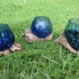 Blue Or Green Molten Glass On Teak Root Ornament Bowl Statue Gift Vase Trinket - thumbnail 3