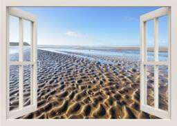 Beach Wall Decal, 3D Window Decal, Sand Wind Waves Frame Sea View Mural, Living Room Home Decor