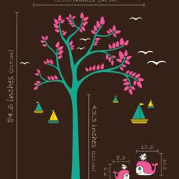 Nursery Tree Wall Decal, Whales, Sailboats, Birds, Leaves - thumbnail 2