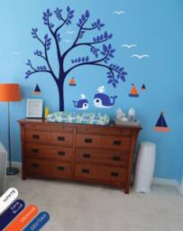Nursery Tree Wall Decal, Whales, Sailboats, Birds, Leaves - thumbnail 1