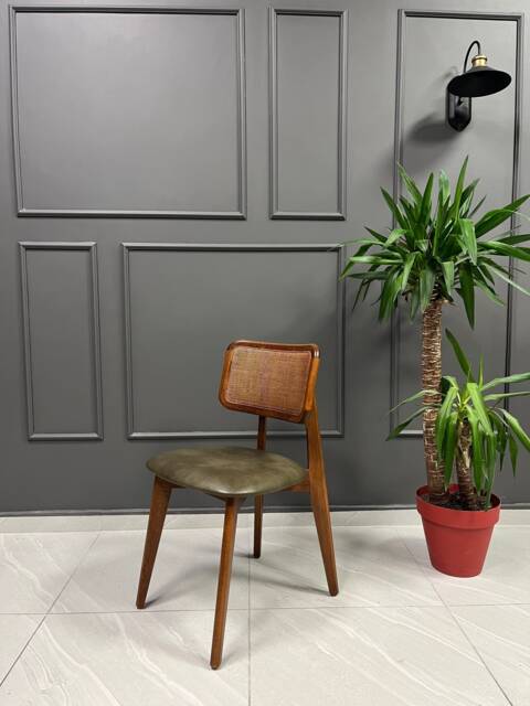 Rattan Back Dining Chair - Hornbeam Wood, Vegan Leather Seat - image 1