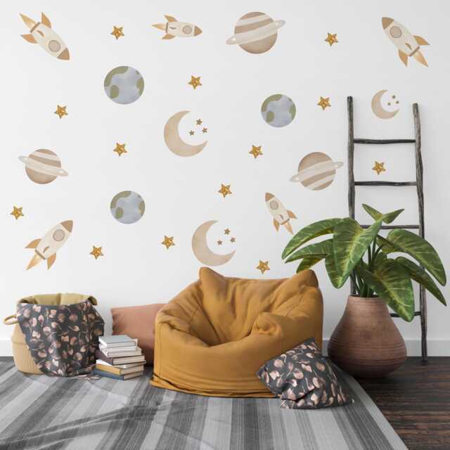 Space Wall Stickers Rocket Nursery Decor Planet Decals Moon & Stars Bedroom Solar System Kids Room - image 1