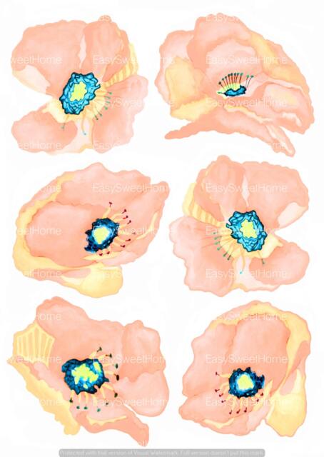 Poppy Wall Decals 6-Set Peach Sorbet, Hand-Painted For Walls, Tiles & Furniture, Floral By Easysweethome - image 1