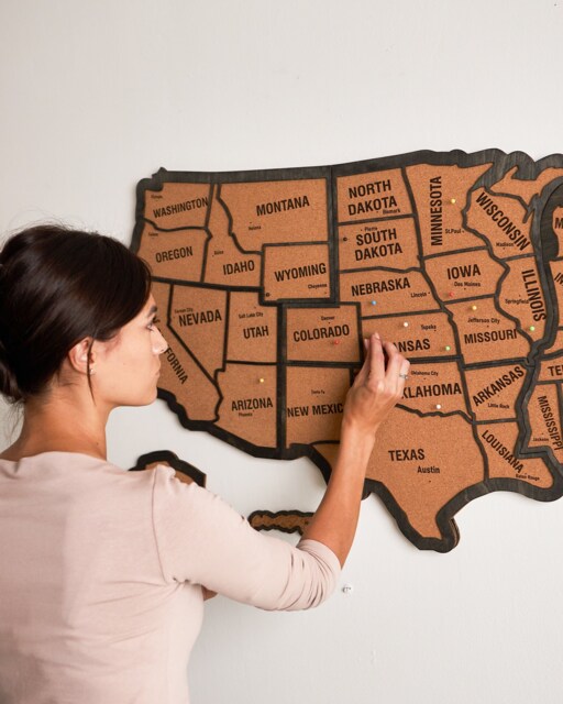 Push Pin Usa Map, Wooden Wall Apartment Decor, Wood Map Of United States 5Th Anniversary Gift Travel Art Cork Board - image 1