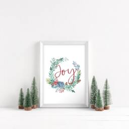 Winter Print Red Joy Christmas Watercolour Wreath Style Unframed Wall Art Poster - thumbnail 2