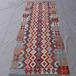 3'3x8'6 Ft Runner Rug, Flatweave Kilim Geometric Patterns Rug, Afghan Handmade Wool Wide Hallway Runner, Kitchen Rug - thumbnail 2