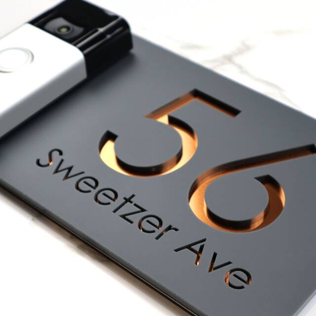 K Smart Sign - Bellissima Db Ring Nest Video Door-Bell Laser Cut Matt Dark Gray Ral7016 Anthracite & Copper Mirror Floating House Signs - image 1