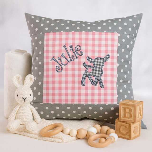 Embroidered Cushion Deer + Name //Pink - Grey// 40x40 cm Pillowcase Gift Cuddly Cushion Snuggle Personalized Pillow - image 1