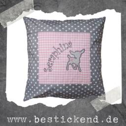 Embroidered Cushion Deer + Name //Pink - Grey// 40x40 cm Pillowcase Gift Cuddly Cushion Snuggle Personalized Pillow - thumbnail 4