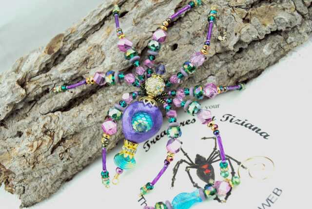 Secret Santa Gift Beach House Mermaid Fish Scales Fairy Tail Beaded Christmas Spider Ornament With German Tinsel Legend, Hand Sculpted - image 1