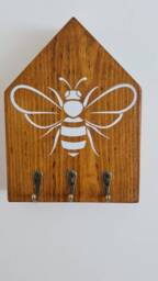 Bee Key Hooks, Key Holder, House Rack, Wooden House, Rustic Wood, Handmade Wall Chunky, Hanger, Face Mask Bee Gift - thumbnail 2