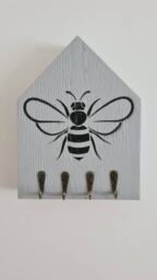 Bee Key Hooks, Key Holder, House Rack, Wooden House, Rustic Wood, Handmade Wall Chunky, Hanger, Face Mask Bee Gift - thumbnail 3