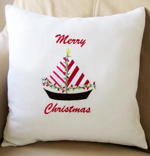 Nautical Christmas, Embroidered Pillow Cover, Nautical Holiday, Nautical Christmas Gift, Merry Christmas, Yacht Gift, Nautical Decor - image 1