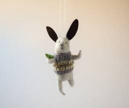 Gray Needle Felted Bunny, Bunny Mobile, Needle Feled Miniature, Baby Crib Mobile, Nursery Decor