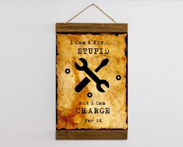 I Can't Fix Stupid. Can Charge Wood Framed Canvas Print, Funny Man Cave Garage Poster, Mechanic Wall Art Decor Gift Idea - image 1