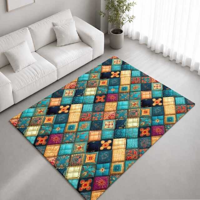 Turquoise Gold Floral Patchwork Quilt Rug Non-Slip Soft Area Carpet Bedroom Living Room Hallway Mat Decor - Made in UK - image 1